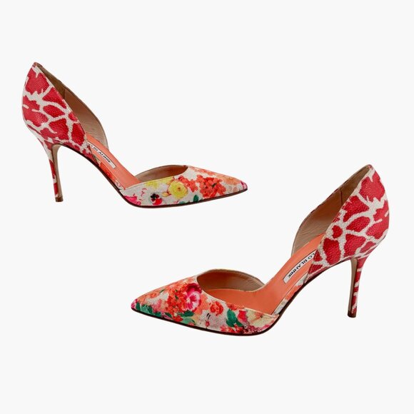 Manolo Blahnik Tayler Orange Floral Fabric D’Orsay Pumps Heels Size 40 US 10 - Picture 7 of 13